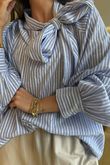 Nantucket Stripe Tie Neck Blouse Light Denim